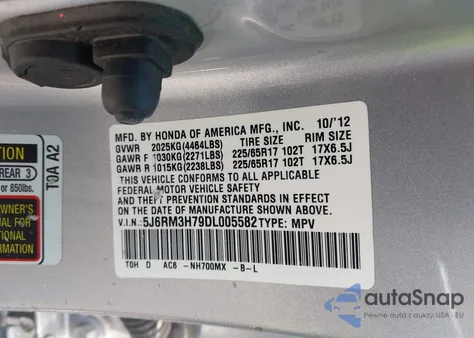 2013 Honda Cr-V Ex-L z USA, uszkodzony, nr VIN 5J6RM3H79DL005582